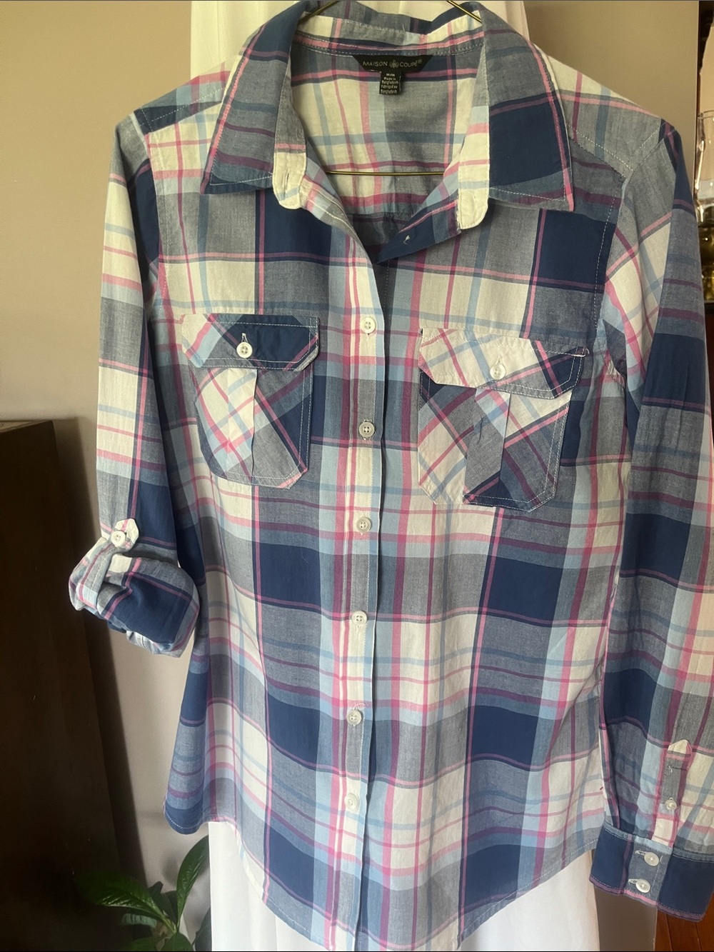 Maison Coupe Navy, Pink & White Plaid Button-Front Shirt
